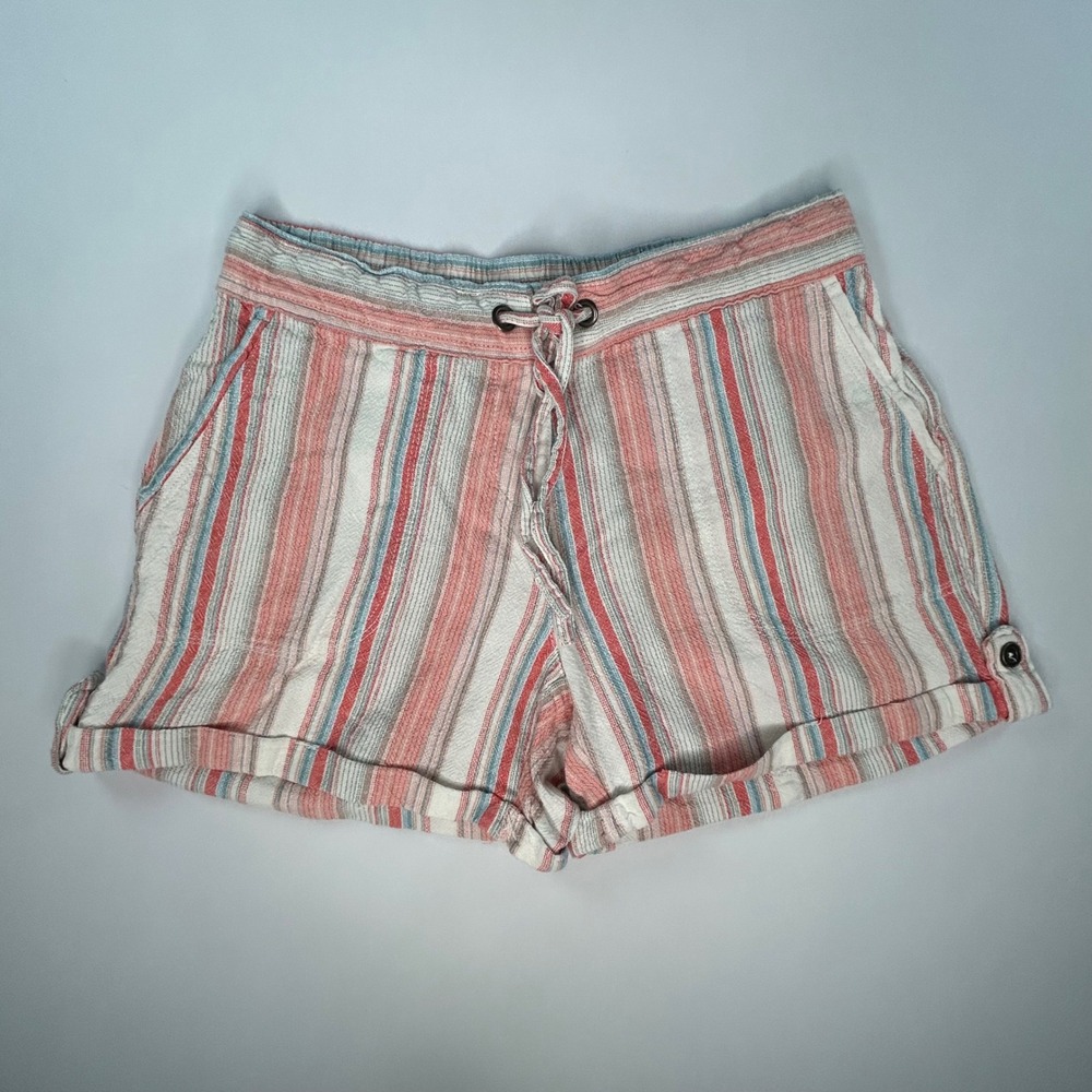 Per Se Womens Shorts M Linen Blend Striped Pull On Drawstring Coastal Nautical